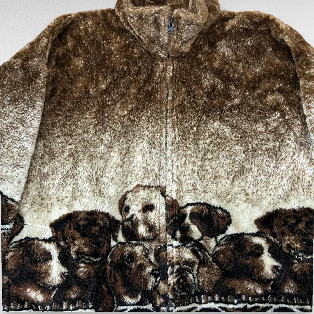 Vtg Cobblestone Canyon Full Zip Fleece Jacket Women Dog All Over Print Large USA - Picture 3 of 5